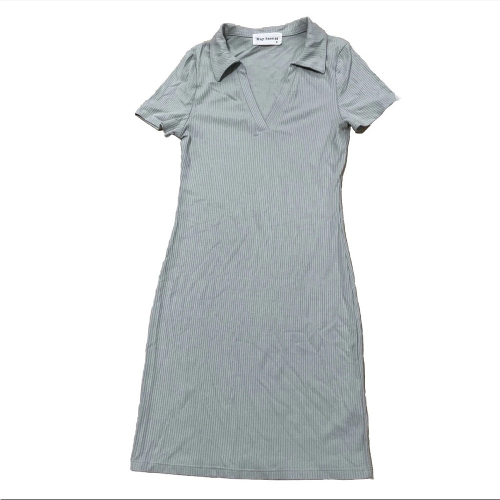 May Berries Polo Mini Dress Womens S Sage Green Short Sleeve Collar Fitted Rib S